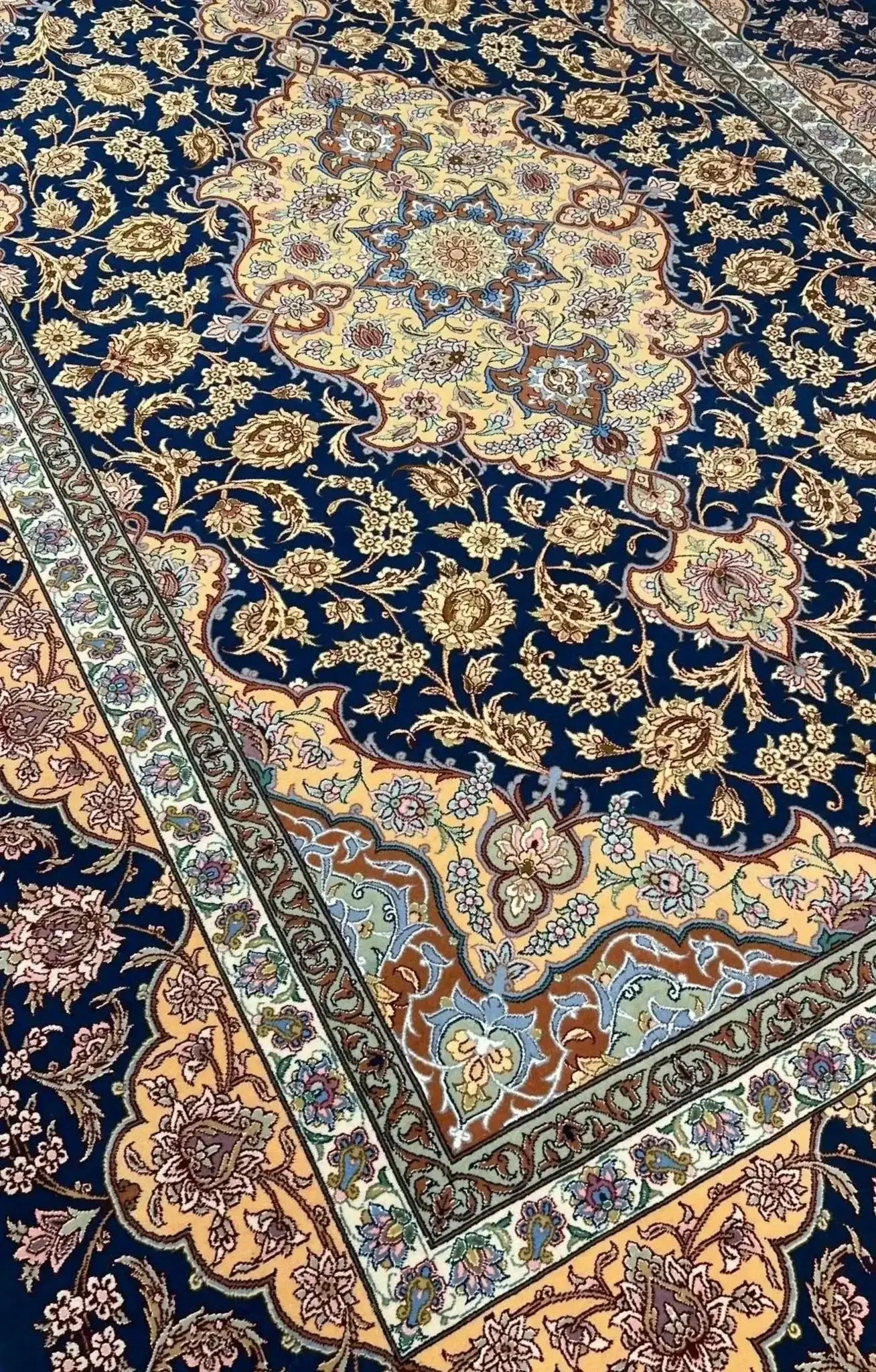 Luxury navy blue and gold wool and silk Persian rug, hand-knotted in Isfahan